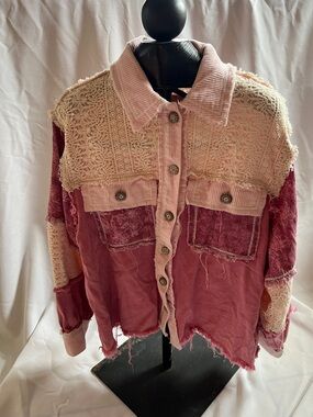 POL Women Jean Jacket Pink & Cream Lace Patchwork